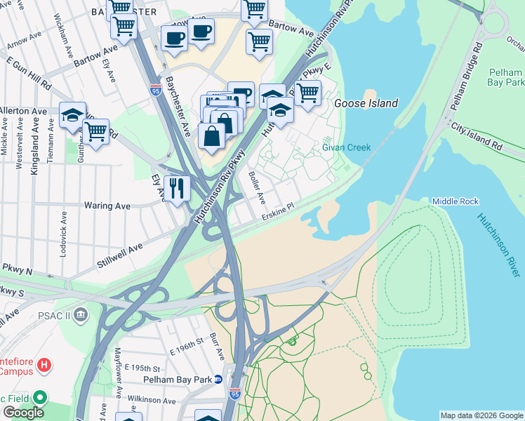 map of restaurants, bars, coffee shops, grocery stores, and more near 2195 Palmer Avenue in Bronx