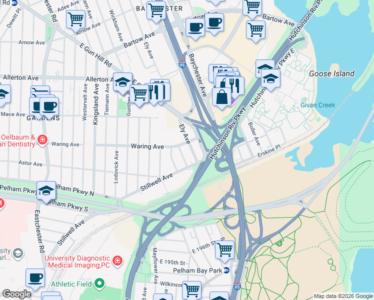 map of restaurants, bars, coffee shops, grocery stores, and more near 2323 Vance Street in Bronx
