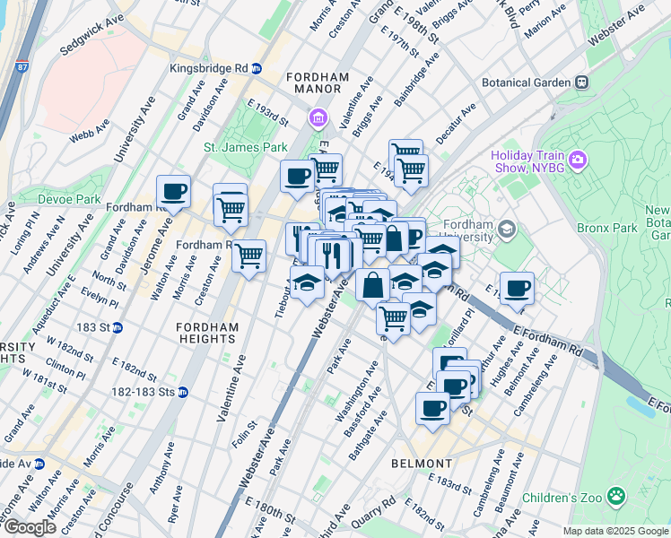 map of restaurants, bars, coffee shops, grocery stores, and more near 2492 Webster Avenue in The Bronx