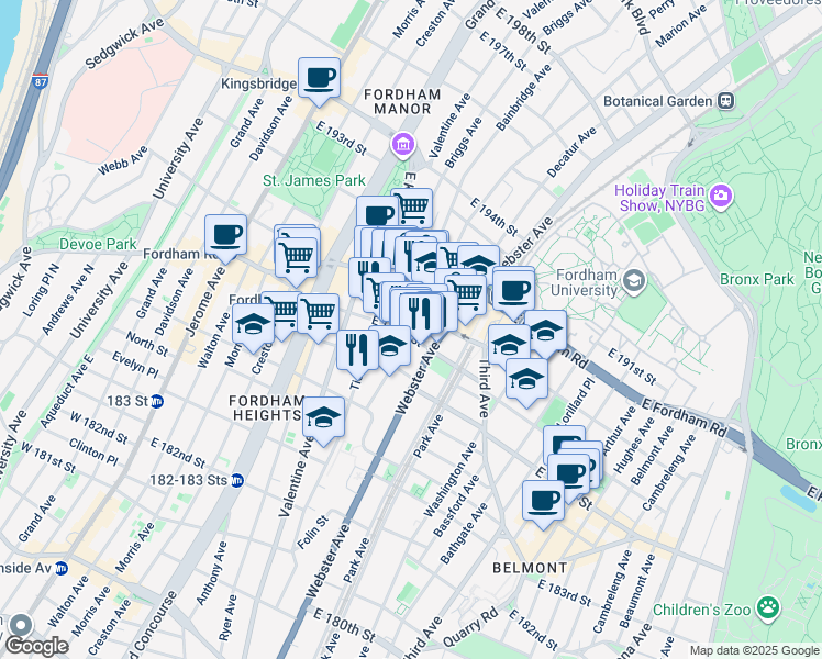 map of restaurants, bars, coffee shops, grocery stores, and more near 355 East 187th Street in Bronx