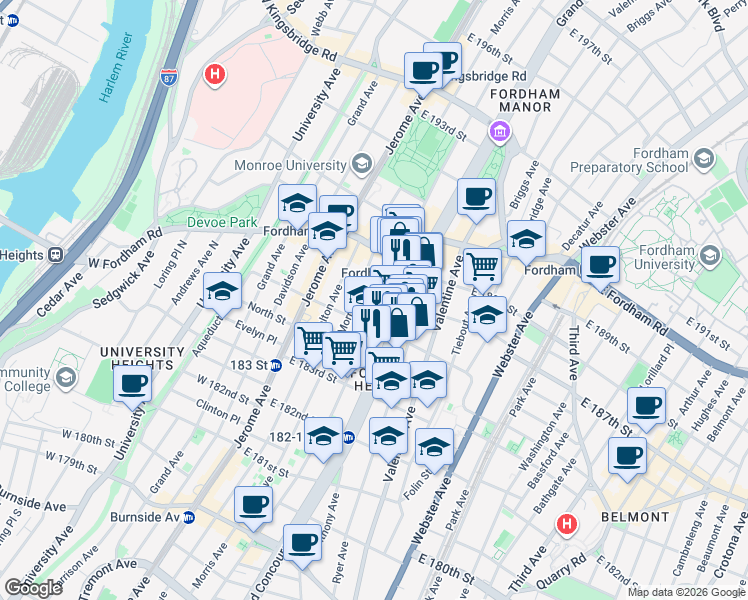 map of restaurants, bars, coffee shops, grocery stores, and more near 2391-2397 Grand Concourse in The Bronx