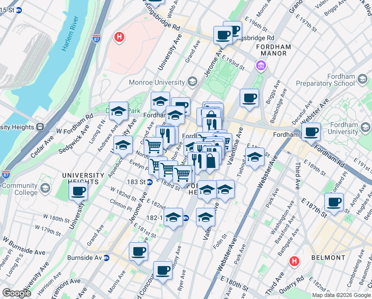 map of restaurants, bars, coffee shops, grocery stores, and more near in The Bronx