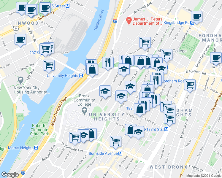 map of restaurants, bars, coffee shops, grocery stores, and more near 114 West 183rd Street in The Bronx