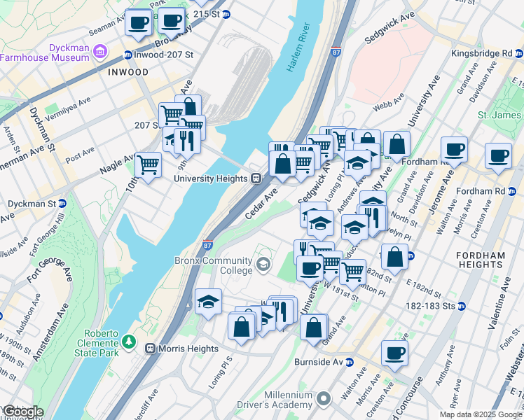 map of restaurants, bars, coffee shops, grocery stores, and more near 171 Hall of Fame Terrace in The Bronx