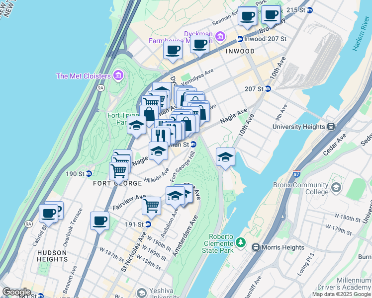 map of restaurants, bars, coffee shops, grocery stores, and more near 129 Hillside Avenue in New York
