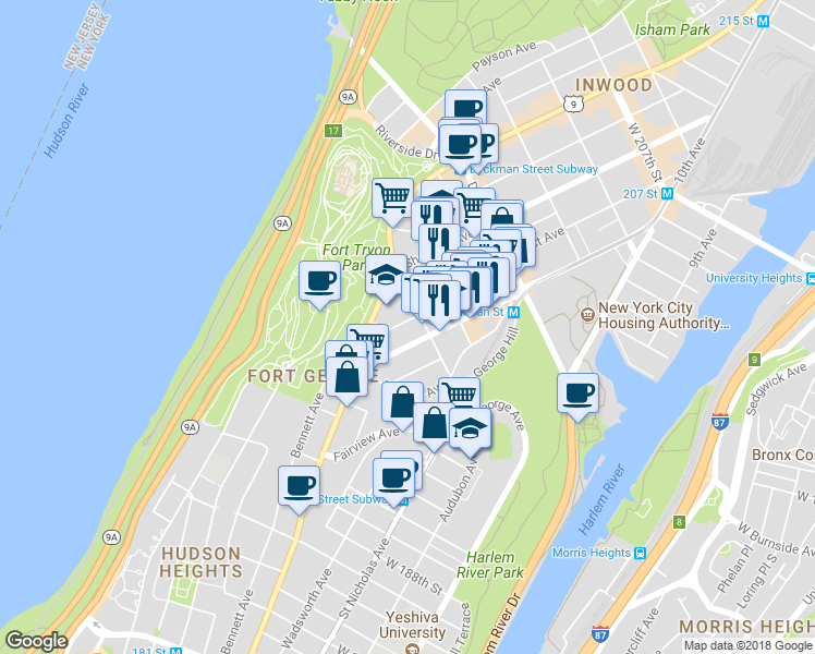 map of restaurants, bars, coffee shops, grocery stores, and more near 64 Nagle Avenue in New York