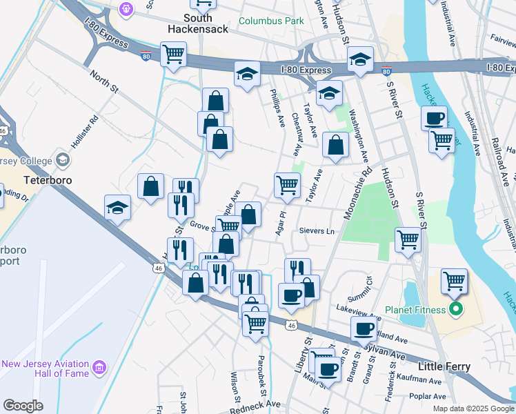 map of restaurants, bars, coffee shops, grocery stores, and more near 227 Phillips Avenue in South Hackensack
