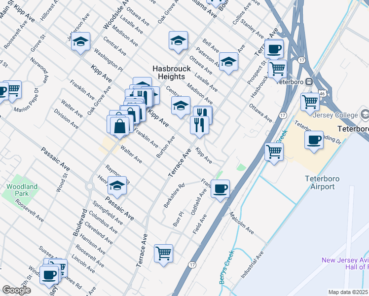 map of restaurants, bars, coffee shops, grocery stores, and more near 409 Jefferson Avenue in Hasbrouck Heights
