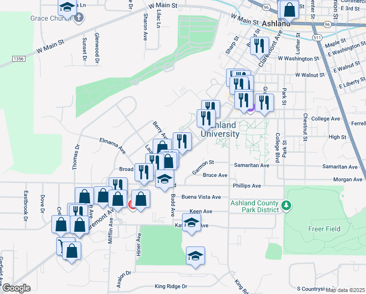 map of restaurants, bars, coffee shops, grocery stores, and more near 1015 Claremont Avenue in Ashland