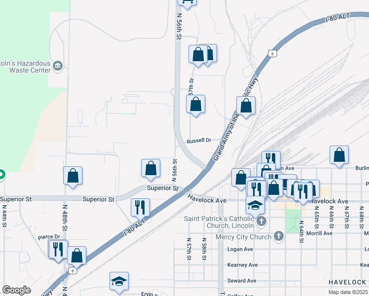 map of restaurants, bars, coffee shops, grocery stores, and more near 5540 Douglas Court in Lincoln