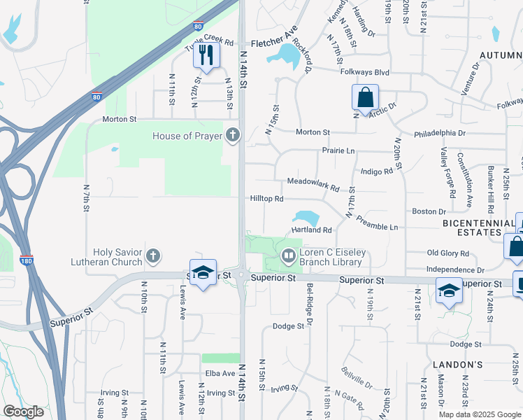 map of restaurants, bars, coffee shops, grocery stores, and more near 4801 North 15th Street in Lincoln