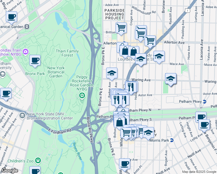 map of restaurants, bars, coffee shops, grocery stores, and more near 2275 Olinville Avenue in Bronx