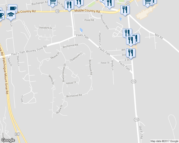 map of restaurants, bars, coffee shops, grocery stores, and more near 132 Birchwood Road in Coram