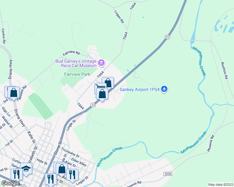 map of restaurants, bars, coffee shops, grocery stores, and more near 50 Sunset Lane in Osceola Mills