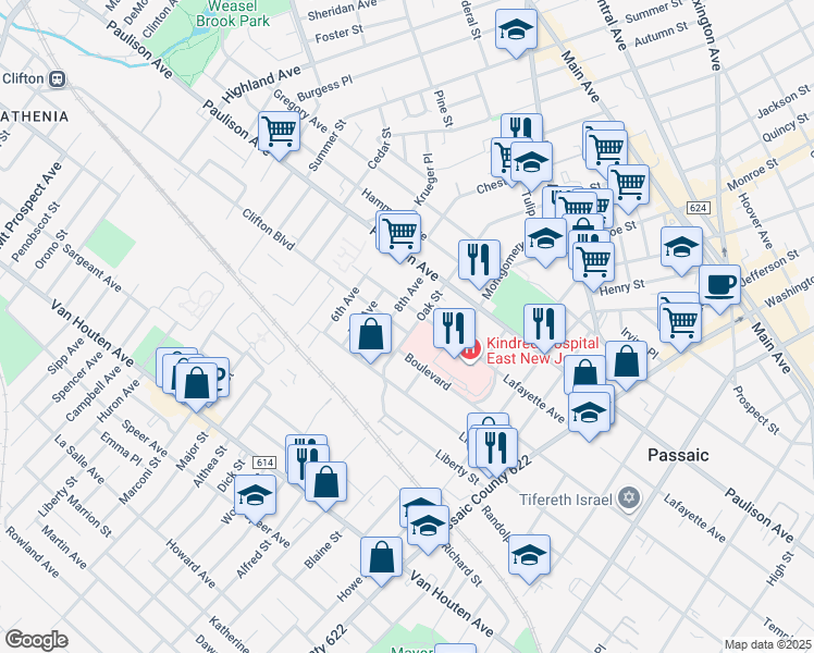 map of restaurants, bars, coffee shops, grocery stores, and more near 490 Oak Street in Passaic