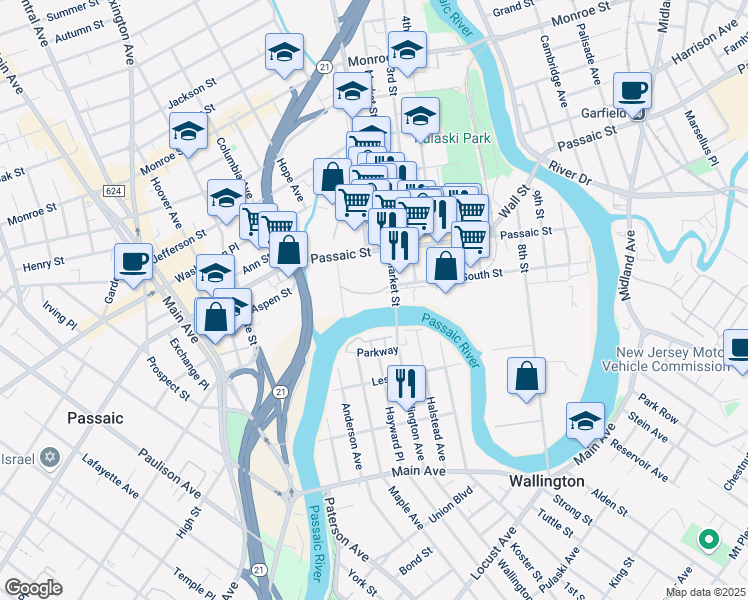 map of restaurants, bars, coffee shops, grocery stores, and more near 1 Market Street in Passaic