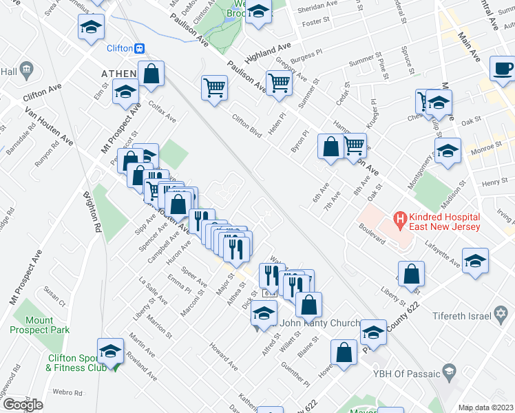 map of restaurants, bars, coffee shops, grocery stores, and more near 12 Ladwik Lane in Clifton