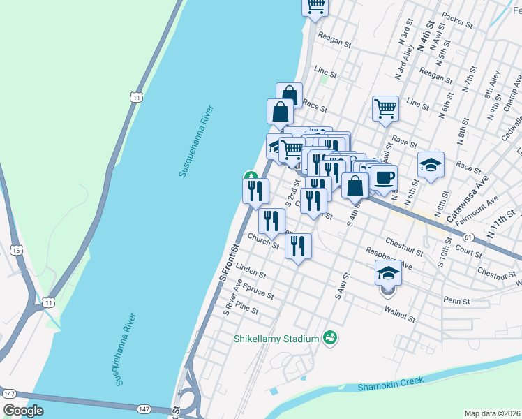 map of restaurants, bars, coffee shops, grocery stores, and more near 130 South Front Street in Sunbury
