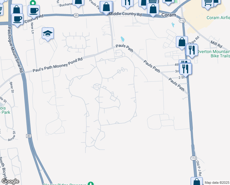 map of restaurants, bars, coffee shops, grocery stores, and more near 816 Woodland Court in Coram
