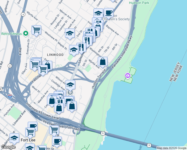 map of restaurants, bars, coffee shops, grocery stores, and more near 2329 Hudson Terrace in Fort Lee