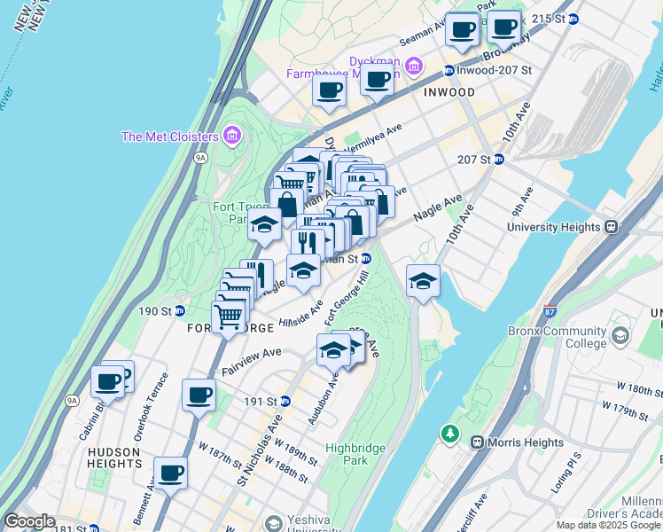 map of restaurants, bars, coffee shops, grocery stores, and more near 100 Hillside Avenue in New York
