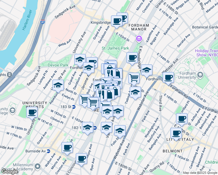 map of restaurants, bars, coffee shops, grocery stores, and more near in The Bronx