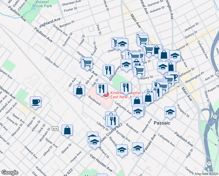 map of restaurants, bars, coffee shops, grocery stores, and more near 99 Grant Street in Passaic