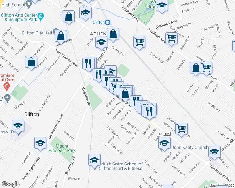 map of restaurants, bars, coffee shops, grocery stores, and more near 15 Sipp Avenue in Clifton