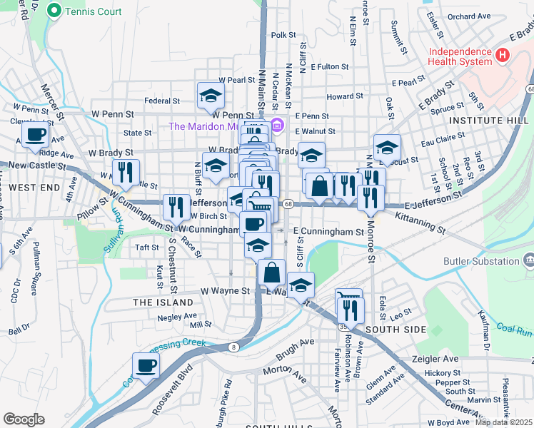 map of restaurants, bars, coffee shops, grocery stores, and more near 120 East Cunningham Street in Butler