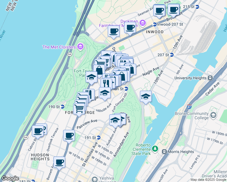 map of restaurants, bars, coffee shops, grocery stores, and more near 117 Nagle Avenue in New York