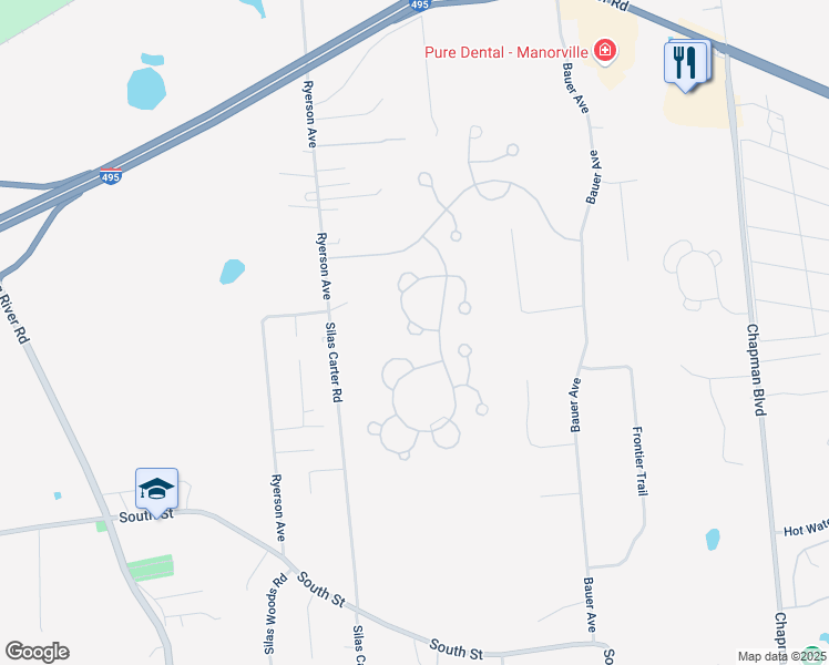 map of restaurants, bars, coffee shops, grocery stores, and more near 362 Colonial Circle in Manorville
