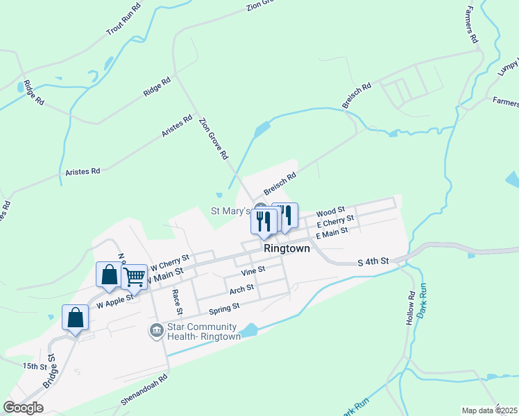 map of restaurants, bars, coffee shops, grocery stores, and more near 91 North Center Street in Ringtown