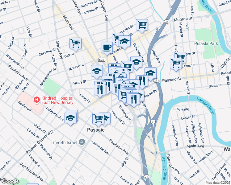 map of restaurants, bars, coffee shops, grocery stores, and more near 651 Main Avenue in Passaic