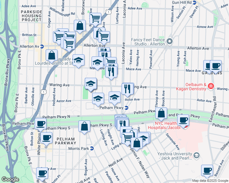 map of restaurants, bars, coffee shops, grocery stores, and more near 1067 Astor Avenue in The Bronx