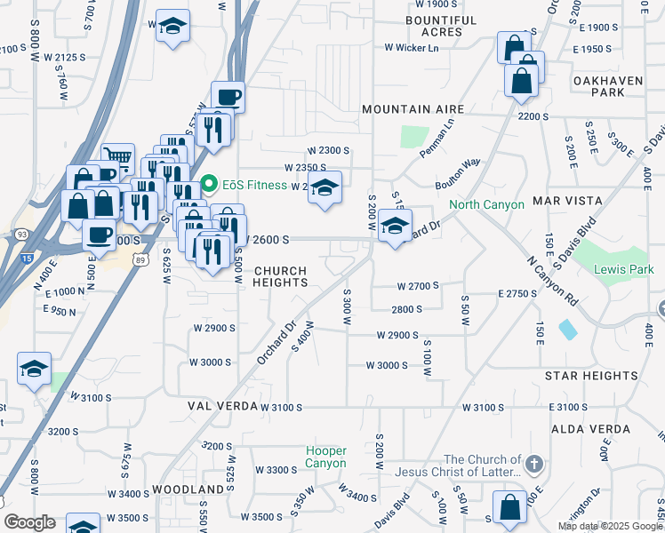 map of restaurants, bars, coffee shops, grocery stores, and more near 2722 Orchard Drive in Bountiful