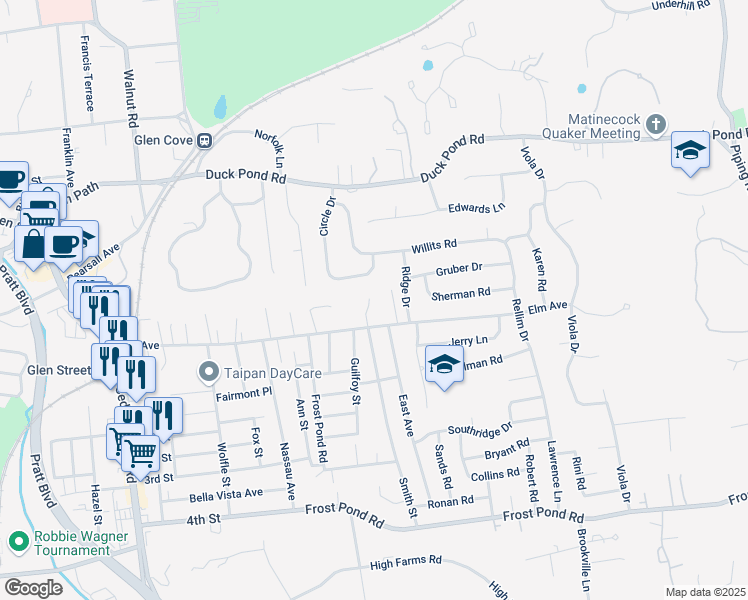 map of restaurants, bars, coffee shops, grocery stores, and more near 117 Elm Avenue in Glen Cove