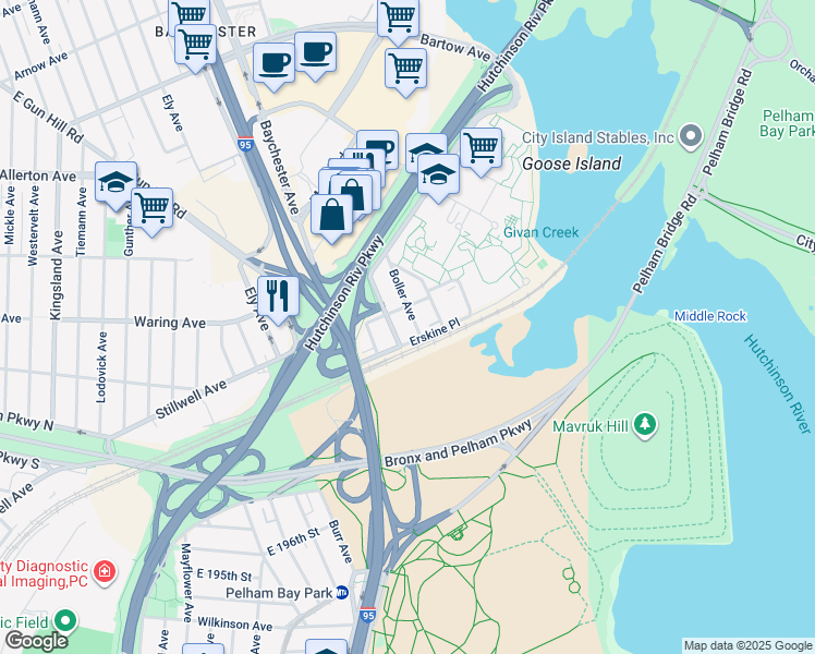 map of restaurants, bars, coffee shops, grocery stores, and more near 2195 Palmer Avenue in Bronx