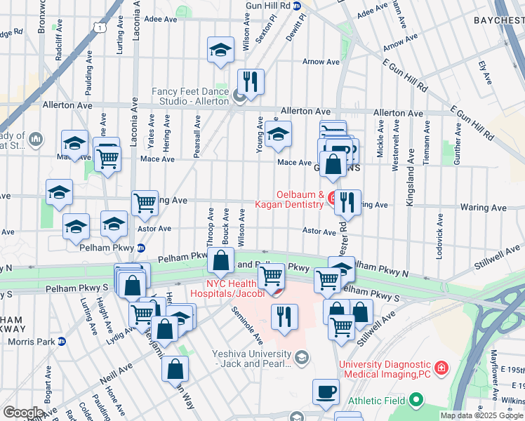 map of restaurants, bars, coffee shops, grocery stores, and more near 1327 Astor Avenue in Bronx