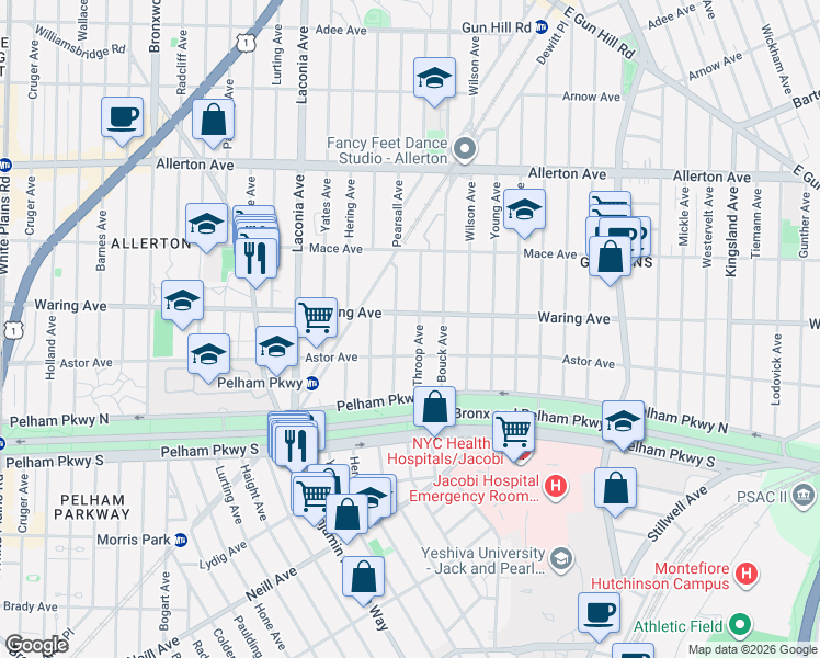 map of restaurants, bars, coffee shops, grocery stores, and more near 2302 Throop Avenue in The Bronx