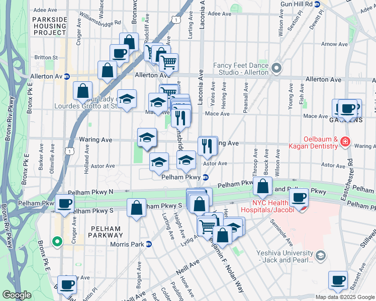 map of restaurants, bars, coffee shops, grocery stores, and more near 1067 Astor Avenue in The Bronx