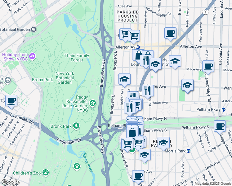 map of restaurants, bars, coffee shops, grocery stores, and more near 2292 Bronx Park East in Bronx