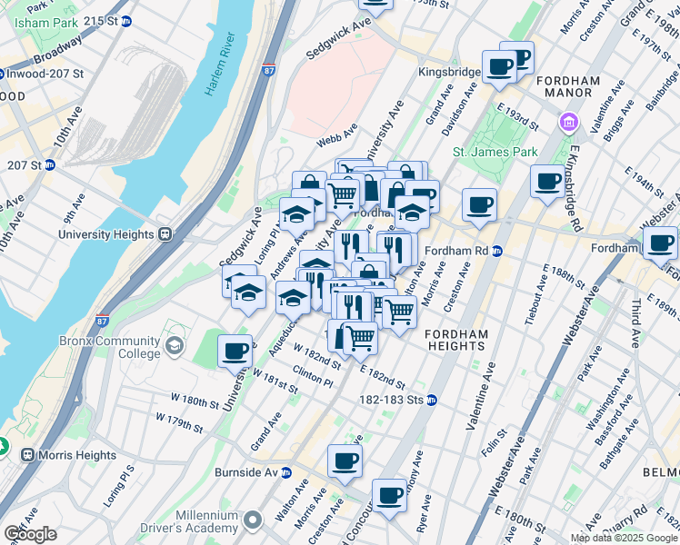 map of restaurants, bars, coffee shops, grocery stores, and more near 2304 Grand Avenue in Bronx