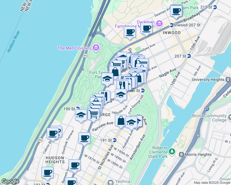 map of restaurants, bars, coffee shops, grocery stores, and more near 64 Nagle Avenue in New York