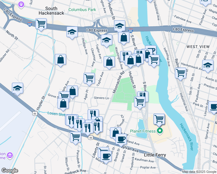 map of restaurants, bars, coffee shops, grocery stores, and more near 9 John Street in South Hackensack