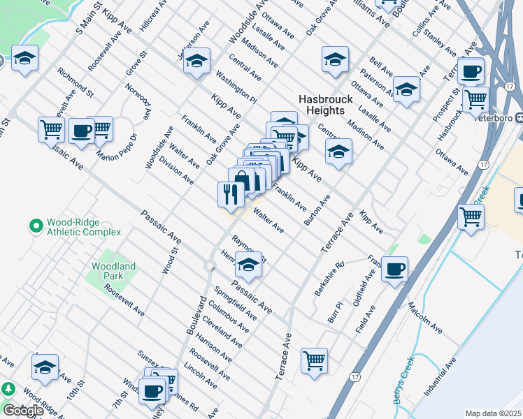 map of restaurants, bars, coffee shops, grocery stores, and more near 219 Division Avenue in Hasbrouck Heights