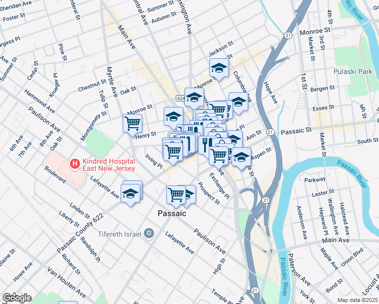 map of restaurants, bars, coffee shops, grocery stores, and more near 145 Prospect Street in Passaic