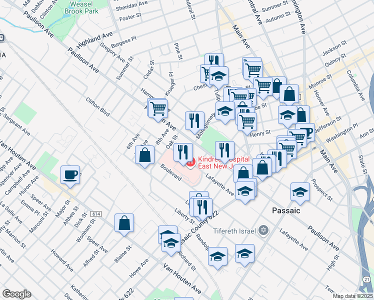 map of restaurants, bars, coffee shops, grocery stores, and more near 430 Lafayette Avenue in Passaic