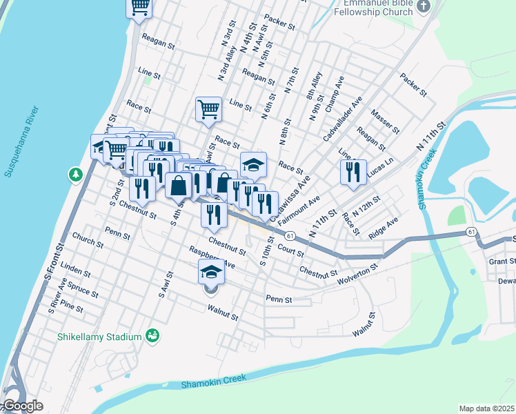 map of restaurants, bars, coffee shops, grocery stores, and more near 52-64 North 8th Street in Sunbury