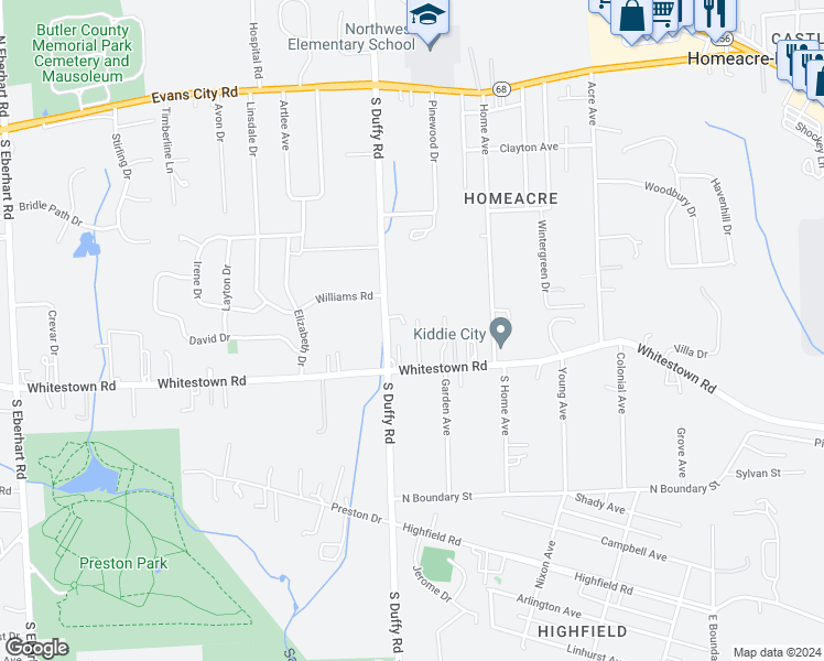 map of restaurants, bars, coffee shops, grocery stores, and more near 200 Whitestown Village in Butler