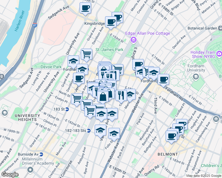 map of restaurants, bars, coffee shops, grocery stores, and more near 250 East 187th Street in Bronx